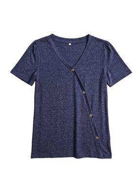 NWOT | Heather Navy Asymmetrical Button Accent Puff Sleeve V-Neck Top | Small